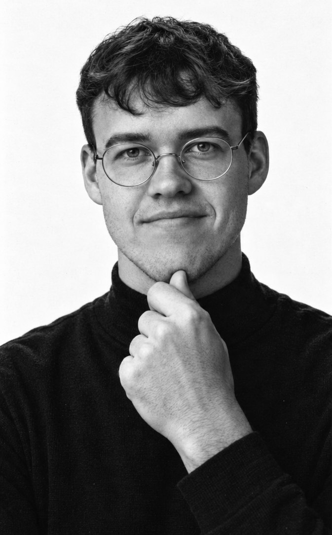 joakim .h, black and white portrait in a black roll-neck, hand thoughtfully on chin